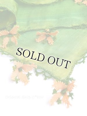 画像3: オデミシュ・ヴィンテージ｜アンティークオヤスカーフ｜希少クレープ・シルク糸イーネオヤ｜グリーン