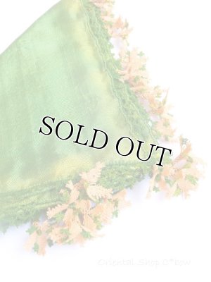 画像2: オデミシュ・ヴィンテージ｜アンティークオヤスカーフ｜希少クレープ・シルク糸イーネオヤ｜グリーン