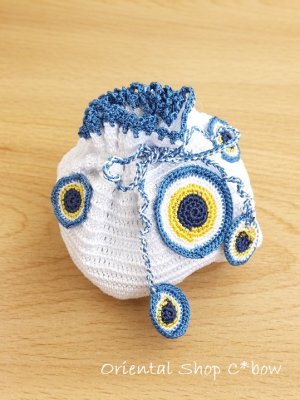 画像1: 手編みナザルボンジュウのミニ巾着｜白色×青