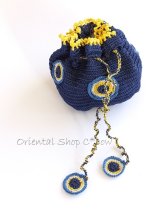 手編みナザルボンジュウのミニ巾着｜濃青×卵
