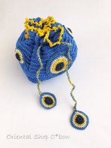 手編みナザルボンジュウのミニ巾着｜青色×黄