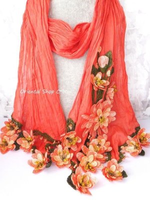 画像2: 日本発送★一点物・豪華絢爛★作り込まれたお花★アシンメトリースカーフ｜コーラルピンク