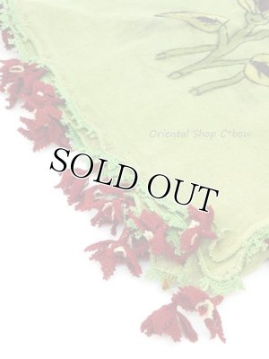 画像3: イズミール｜木版アンティークオヤスカーフ｜シルク糸イーネオヤ｜オリーブグリーン・キュペリ