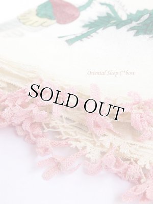 画像1: オデミシュ｜アンティークオヤスカーフ｜シルク糸イーネオヤ｜お花かわいい｜オフホワイト×ピンク