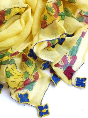 画像6: ◆ベルガマ・コザック｜木版アンティークオヤスカーフ｜四枚葉：クリームイエロー