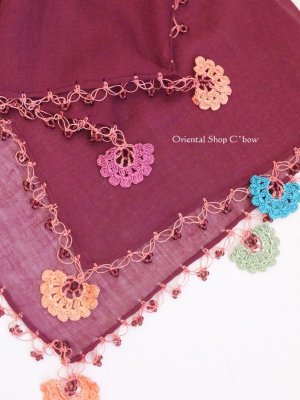 画像9: カッパドキア☆オヤ付コットン花・細長スカーフ無地｜えんじ