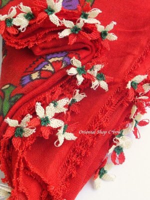 画像5: オデミシュ｜アンティークオヤスカーフ｜人工シルク糸イーネオヤ｜レッド