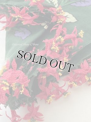 画像1: オデミシュ｜アンティークオヤスカーフ｜シルク糸イーネオヤ｜ダークグリーン×ピンク